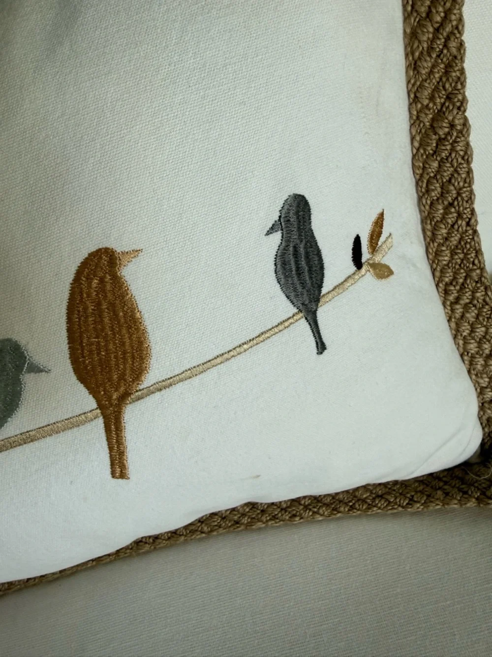 DOMAIN Cotton Jute Embroidered Bird Accent Pillow Duck Feather Insert 14x21